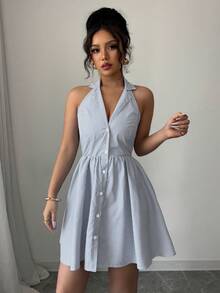 Elenzga 女士无袖荷叶领收腰休闲条纹迷你连衣裙 - 藍色 - 查看 4