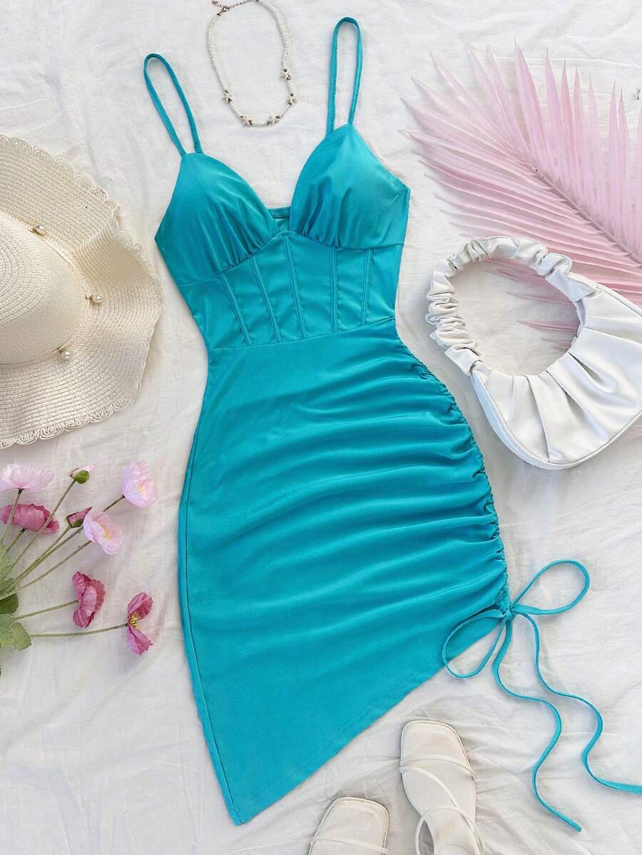 Soleia Gaun Mini Slip Rajut Merah Wanita dengan Kerah V, Pinggang Berbentuk Tulang Ikan, dan Hem Asimetris Berkerut, Cocok untuk Liburan. - Mint Blue - View 1