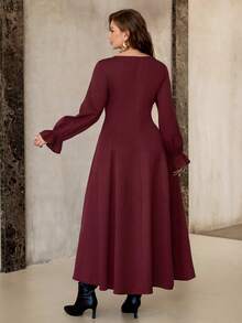 Flirla Đầm maxi dài tay bo gấu, cổ vuông, cổ tim, viền loe, tay dài, màu trơn, cỡ lớn dành cho nữ, phong cách đường phố Pháp cổ điển thanh lịch, tối giản, phù hợp cho mùa đông, Halloween, Giáng sinh, Lễ tạ ơn, Tiệc trà chiều, những dịp trang trọng, Tụ họp gia đình - Màu Tím - Xem 2