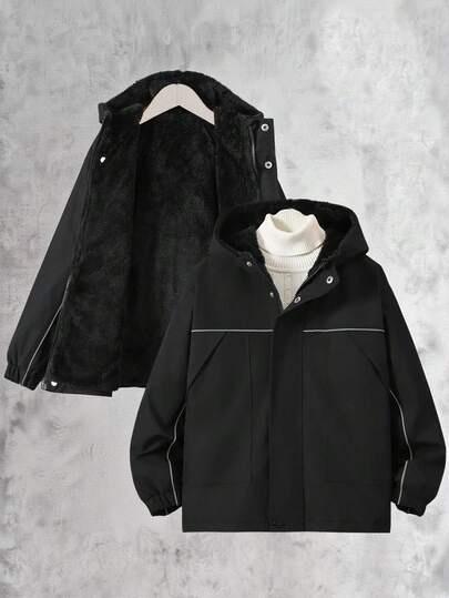 Vacaura Tween Boy' Reflective Stripe Thermal Lined Hooded Zip-Up Jacket, Warm & Comfortable For Outdoor Activities, Autumn/Winter Fall