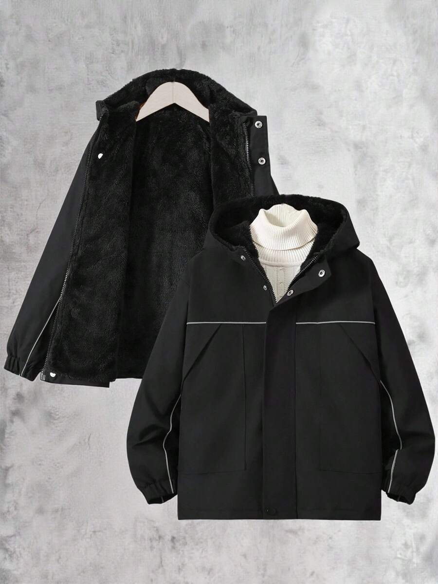 Vacaura Chaqueta con capucha con cremallera, forro térmico y rayas reflectantes para niño preadolescente, cálida y cómoda para actividades al aire libre, otoño/invierno - Negro - Ver 1