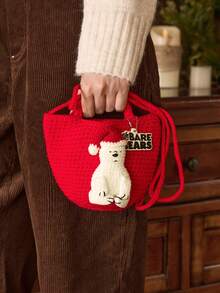 We Bare Bears X SHEIN Women's Casual Large Capacity Christmas Cute Cartoon Bear Pattern Knitted Shoulder Bag With Letter Pendant - Red - View 4