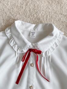 PrepCrw Conjunto de 2 piezas de blusa de manga larga con cuello blanco y decoración de lazo, y falda mini de pata de gallo roja para niñas preadolescentes, adecuado para salidas casuales, reuniones, vacaciones, fiestas, otoño/invierno, Navidad - Multicolor - Ver 6