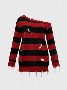 ROMWE Avant Plus Size Gothic Style Colorful Striped Distressed Detail Oblique Shoulder Pullover Sweater, Suitable For Halloween - Red - View 1