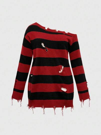 ROMWE Avant Plus Size Gothic Style Colorful Striped Distressed Detail Oblique Shoulder Pullover Sweater, Suitable For Halloween