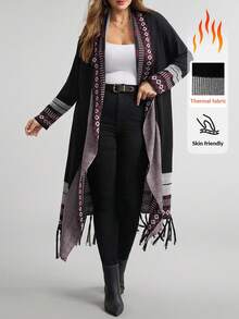 Comfylo كارديجان طويل للنساء بأكمام طويلة وهامش مزين بالشراريب، كارديجان فضفاض وكاجوال للنساء ذوات الحجم الكبير، ملابس خريفية للنساء - الأسود - مشاهدة 1