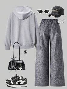 SHEIN ChillGRL 2pcs/Set Teen Girl Hoodie Sweatshirt With Printed Design & Printed Pants - Multicolor - View 2