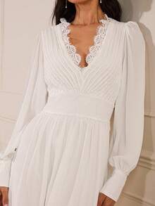 Lilora 女士优雅蕾丝拼接连衣裙，冬季女装，优雅白色长裙，蕾丝长款连衣裙，新年装扮，适合外出穿着。女士白色连衣裙 - 白色 - 查看 5