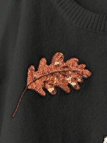 EMERY ROSE Plus Size Women Solid Color Knitted Round Neck Maple Leaf Sequin Embroidery Long Sleeve Regular Elegant Pullover Sweater, Autumn/Winter - Black - View 4