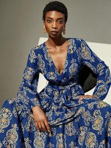 Aveloria Modichic 法式设计V领收腰优雅修身飘逸灯笼袖连衣裙，随机印花 - 藍色 - 查看 4
