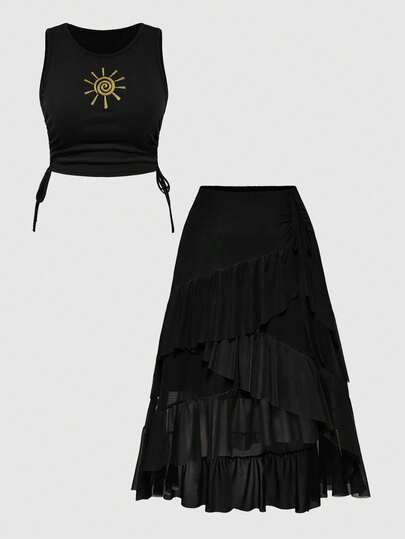 ROMWE Summer Outfits Plus Size Hippie Vintage Music Festival Embroidered Sunflower Tank Top & Asymmetrical Hem Ruffle Hem Skirt 2 Piece Set