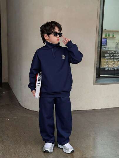 Mirajuku 2pcs/Set Tween BoyCasual Half-Zip Stand Collar Pullover Pullover Sweatshirt Set, Chest Logo Decor Design, Suitable For Autumn/Winter Daily, Commuting, Sports, Can Be Paired With Jacket In Winter