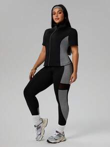 Rhythm Era Conjunto de 2 piezas de top de princesa con contraste de color en la cintura con cremallera y leggings ajustados con empalme de malla para mujer, conjunto deportivo casual para uso diario, correr, yoga, tallas grandes - Negro - Ver 5