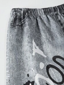 SHEIN ChillGRL 3pcs/Set Street Cool Casual Teen Girls Loose Denim Print Pants, Cropped Camisole Top, And Long Sleeve Hoodie Outfit, Fashion Fall Winter - Black - View 4