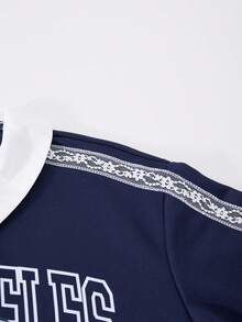 SHEIN ChillGRL Casuvi 儿童女童两件套：圆领长袖 T 恤，蕾丝花边装饰和卡通印花，针织阔腿裤，蕾丝花边和图案印花，适合春秋季休闲、返校、运动、度假 - 藏蓝色 - 查看 4