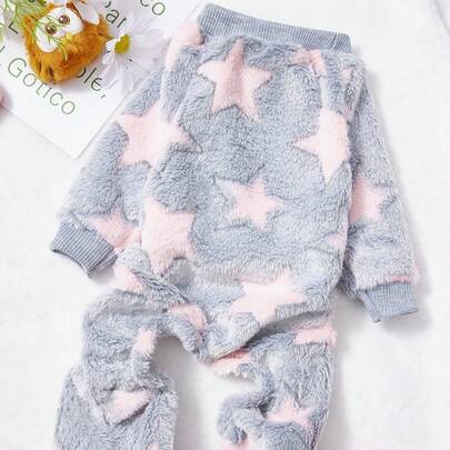 PETSIN 1件粉色五角星印花宠物连体衣，灰色秋冬季毛绒保暖舒适宠物保暖服