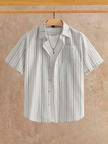 HIMLAND Áo sơ mi nam tay ngắn ôm vừa vặn, họa tiết sọc dệt, thích hợp mặc vào mùa hè - Xanh và trắng - Xem 3
