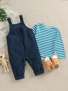 Vintaside Kids 男婴休闲日常通勤条纹长袖T恤搭配撞色小熊刺绣灯芯绒背带裤，适合上学、外出、返校等场合。 - 藏蓝色 - 查看 2