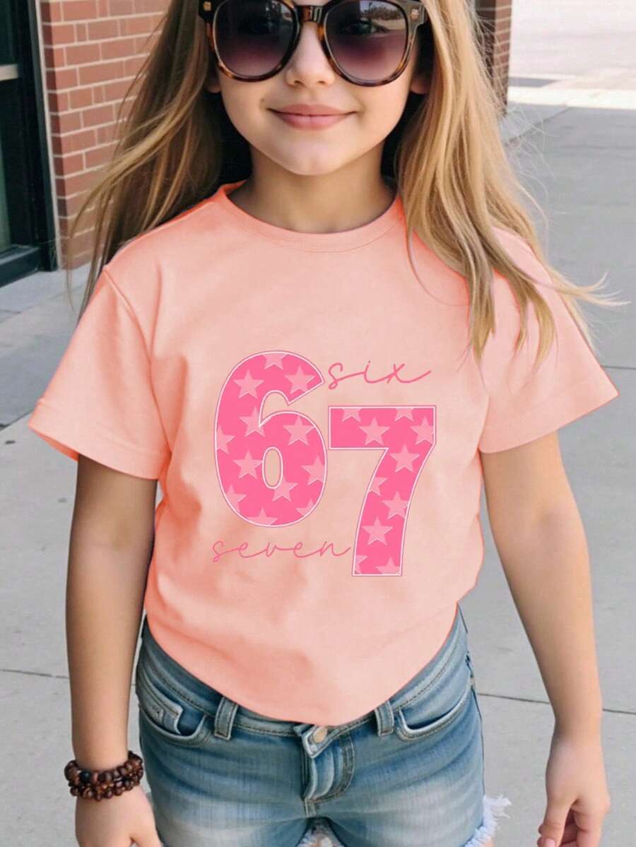 T-shirt à manches courtes pour préadolescentes, décontracté, , confortable, minimaliste et polyvalent, avec impression numérique "67" et lettres. Convient pour les activités extérieures, les sports et l'école en été - Rose bonbon - Voir 1
