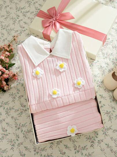 Souflis Souflis 2pcs/Set Young Girl' Fashion Ribbed Patchwork White Long Sleeve Collared Shirt And Pink Ribbed Pants Outfit, Suitable For Casual Wear And Outings