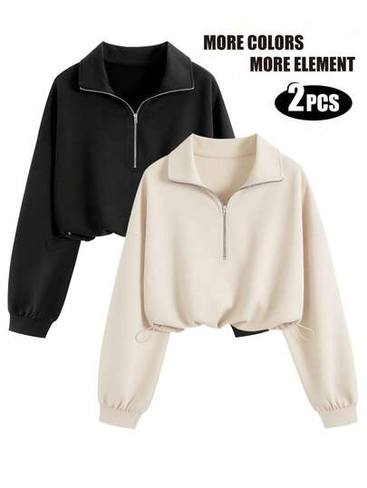 Airaco 2pcs Casual Solid Color Half Zip Drawstring Hem Sweatshirt Set