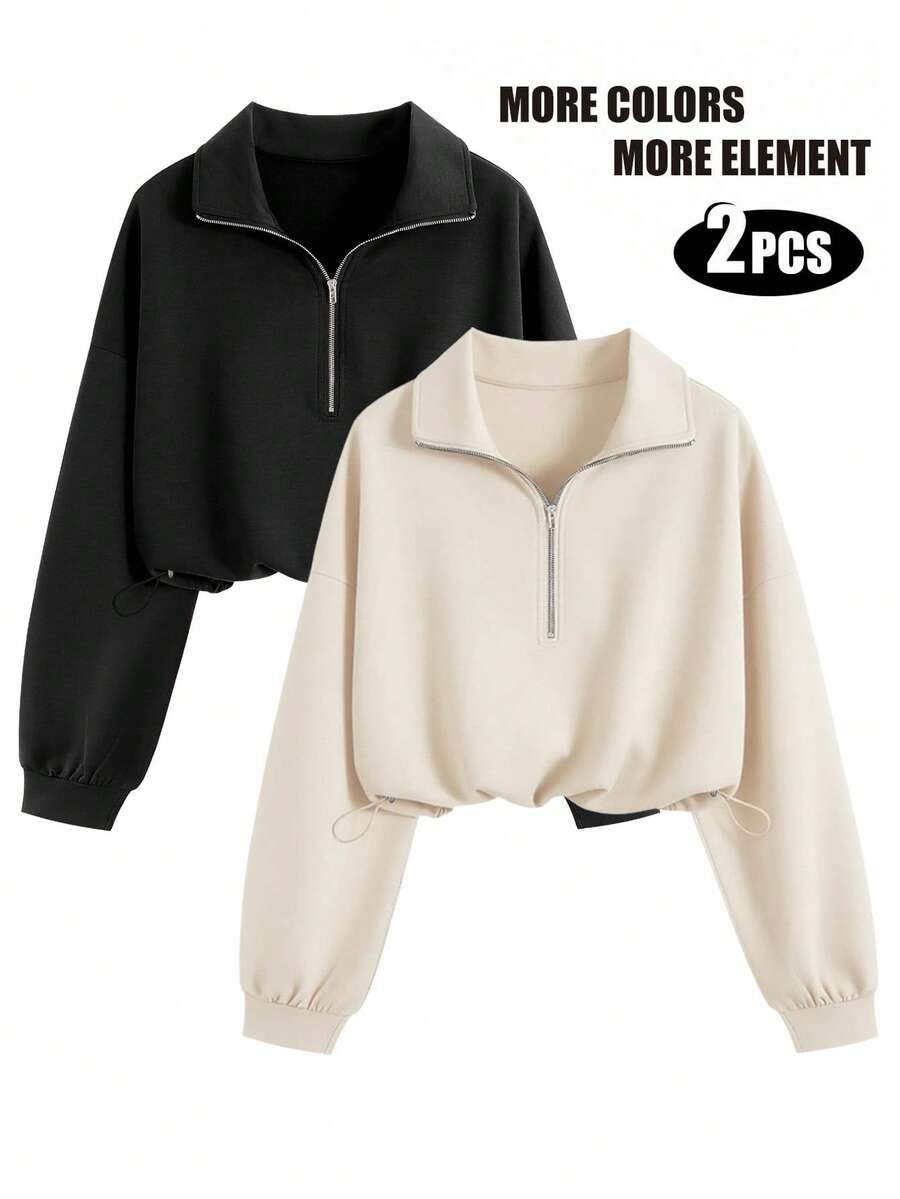 Airaco 2pcs Casual Solid Color Half Zip Drawstring Hem Sweatshirt Set - Multicolor - View 1