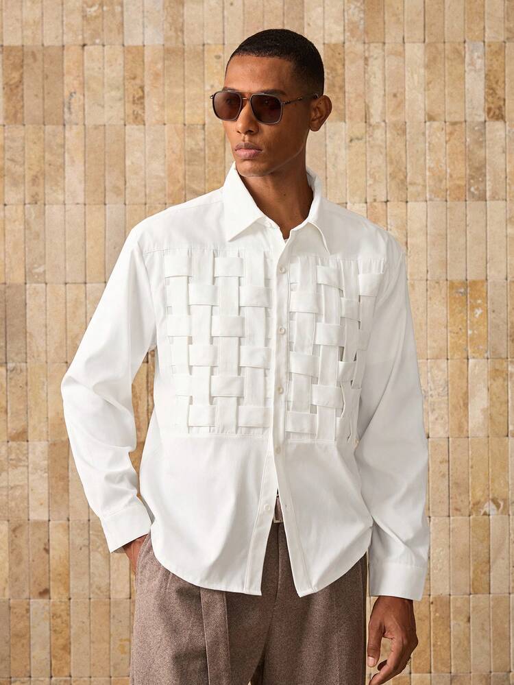 Men's Long Sleeve Single-Breasted Casual White Woven Shirt