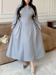 Modelyn 女士休闲连帽抽绳修身喇叭下摆灰色卫衣，秋冬款 - 灰色 - 查看 7