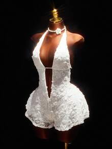 Amplova 女士浪漫纹理深V领低胸A字连体裤，适合夏季度假和派对穿着 - 白色 - 查看 3