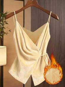 GlowEve 女士纯色侧打结时尚吊带天鹅绒背心 - 杏色 - 查看 3