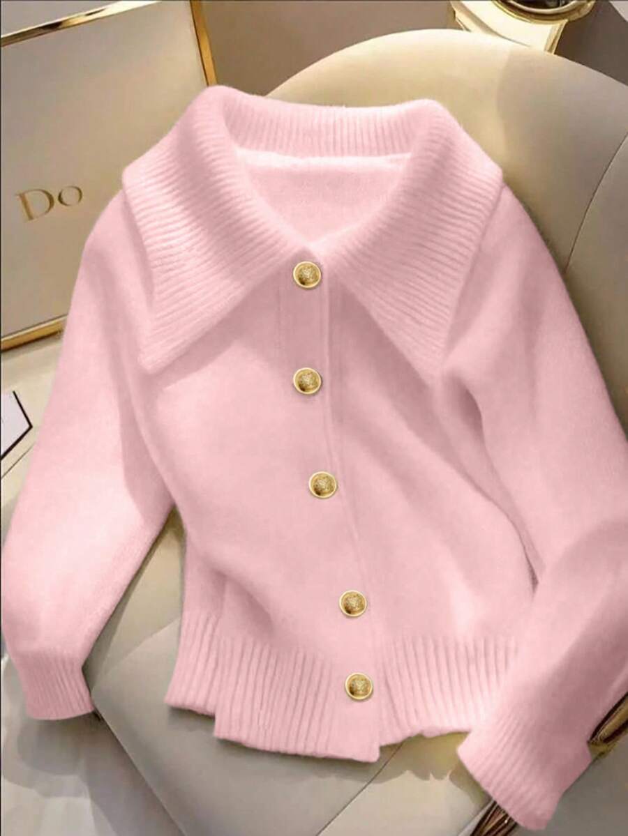 SHEIN LUNE 女士纯色简约纽扣装饰长袖针织毛衣 - 淺粉色 - 查看 1