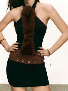 Rina Fox Women's Patchwork Furry Contrast Color Halter Mini Dress - Black - View 3