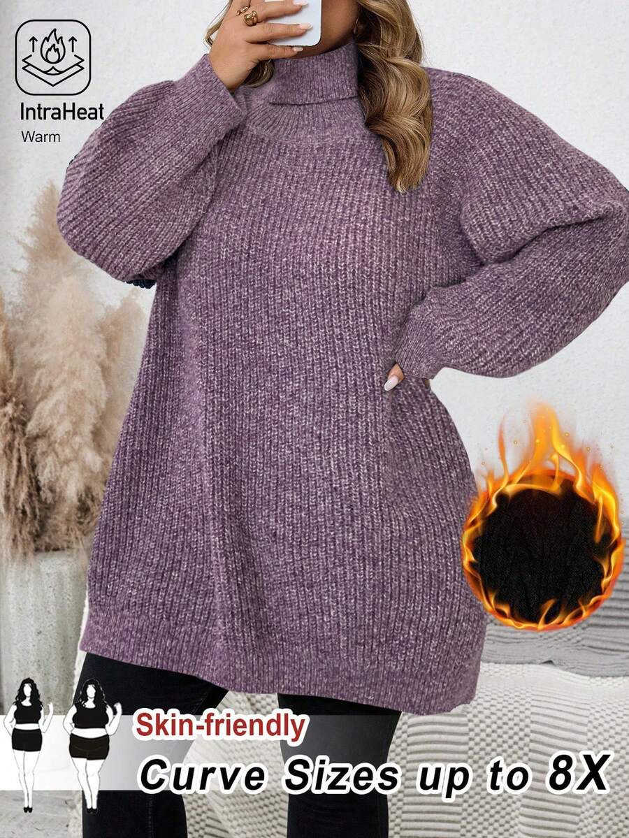 SHEIN CURVE+ 大码女式纯色高领长袖休闲宽松套头毛衣，秋冬款 - 紫色 - 查看 1