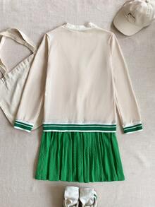Joliand Joliand 1pc Tween Girls Elegant School-Style Casual Urban Green & White Striped Decor V-Neck Light Khaki Mock Neck Long Sleeve Patchwork Green Ribbed Knit Dress, Suitable For Outings, Sports, Back To School, Autumn/Winter,Fall Outfits,Fall Clothes For Kids,Winter Clothes ,Winter Clothes For Kid,ElegantCasual - Multicolor - View 2