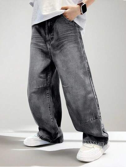 SHEIN Casuvi Kids Denimly 男童休闲日常都市街头风弹力腰拉链口袋做旧设计直筒牛仔裤