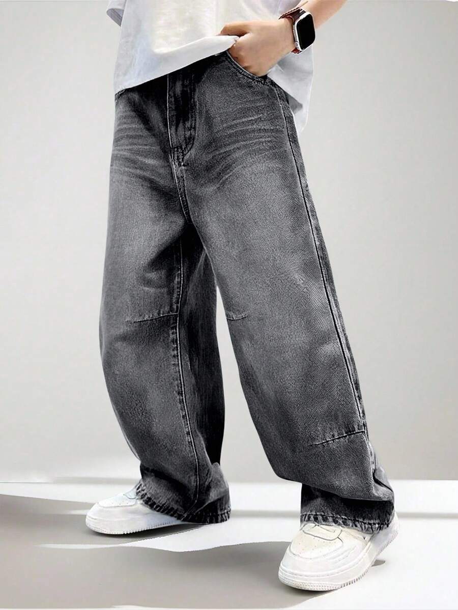 SHEIN Casuvi Kids Denimly Boys' Casual Daily Urban Street Elastic Waist Zipper Pocket Distressed Design Straight Leg Denim Jeans Oversized Jeans Y2k Baggy Jeans Black Baggy Jean - Light Grey - View 1