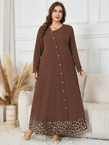 Lacomfia 大码休闲罗纹豹纹不对称领长袖宽松连衣裙，春秋季 - 彩色 - 查看 4