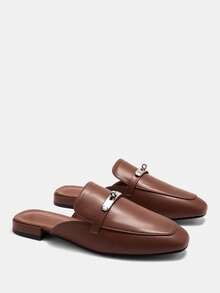 CUCCOO CURVES 女式宽版方头平底低跟一脚蹬穆勒鞋，舒适百搭棕色加大码女士平底休闲通勤鞋 - 棕色 - 查看 7