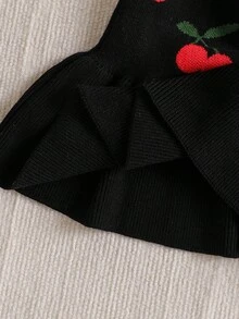 女童可爱樱桃提花针织毛衣连衣裙，柔软长袖套头衫，时尚百搭的针织连衣裙，适合秋冬季节穿着 - 黑色 - 查看 6