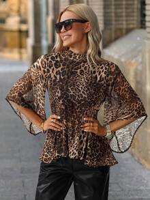 Solivie Áo cánh thời trang nữ cổ loe tay loe họa tiết da báo, thắt eo - màu đen - Xem 5