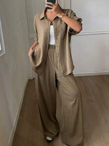 女士两件套：纯色宽松翻领长袖衬衫和直筒裤，休闲优雅，秋冬女士家居服套装 - 棕色 - 查看 3