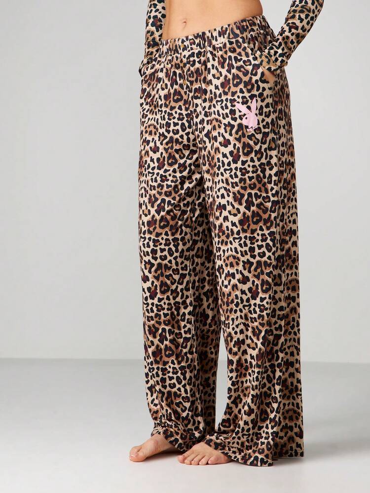 Missguided x Playboy Leopard Print Pajama Pants Wide Leg Lounge Bottoms Comfortable Sleepwear Drawstring
