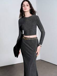 Lumivelle Women's Fashionable Two-Piece Set: Black, Gold, And Silver Top + Skirt; Dark Gray Elegant Suit For Commute, Vacation, Casual, Holiday, Christmas, New Year, And Winter. - Silver - View 5