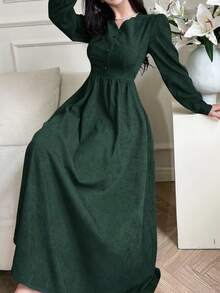 Feyla 女士复古优雅简约纯色灯芯绒泡泡袖收腰长连衣裙，秋季款 - 綠色 - 查看 4