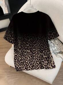 SHEIN Women's Plus Size Casual Leopard Print T-Shirt, Polyester Blend Crew Neck Tee, Medium Stretch Knit Fabric, Fashionable Comfort Fit For All Seasons