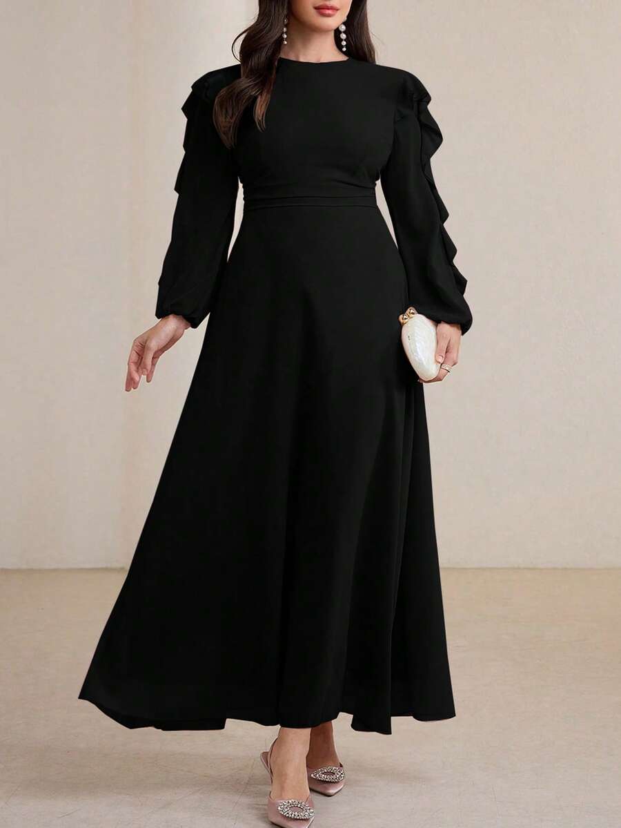 Modelyn Long Round Neck Ruffle Sleeve Black Dress - Black - View 1