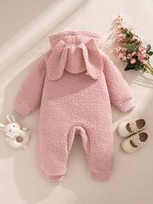 Souflis Souflis Französischer Retro 2025 Herbst/Winter Neue Lässige Weiche Rosa Samt Verdickte Kaninchen Ohr Baby Mädchen Langarm Jumpsuit, Geeignet für Ausflüge, Schule, Zuhause und Verschiedene Anlässe Baby Fleece Jumpsuit Warme Baby Mädchen Kleidung Baby Lässiger Reißverschluss Jumpsuit Baby Mantel Jumpsuit