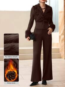 Modelyn 2pcs/Set Grey Faux Fur Trim Knit Top And Straight Leg Pants Set, Autumn/Winter - Coffee Brown - View 3