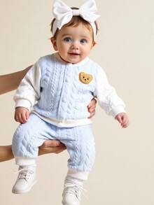 SHEIN Newborn Baby Autumn/Winter New Cotton Blend Long Sleeve Bear Pattern Fashionable Infant 2pcs Set, Long Sleeve Top And Pants - Blue - View 1