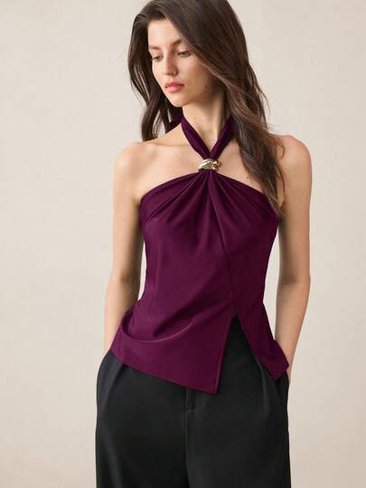 BizChic Metal Buckle Decor Satin Halter Neck Top, Elegant Urban Commute Daily Versatile Romantic 90s Retro, Suitable For Christmas, New Year, Valentine's Day, Party, Beach, Graduation, Fashion, Carnival, Holiday, Wedding Guest, Ceremony, Date, Party, Concert, Brunch, Airport